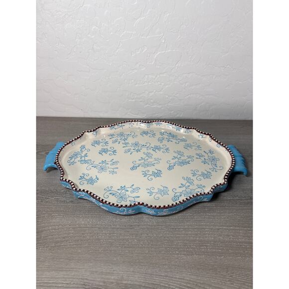 Temp-tations by Tara Oval Baker Dish w Deep Lid Tray Scalloped Blue Floral Lace - Picture 5 of 7